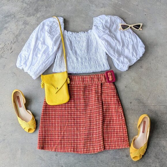 Vintage Dresses & Skirts - Vintage NY&CO Orange Plaid Wool Blend Mid Mod Belted Wrap Mini Skirt size 4